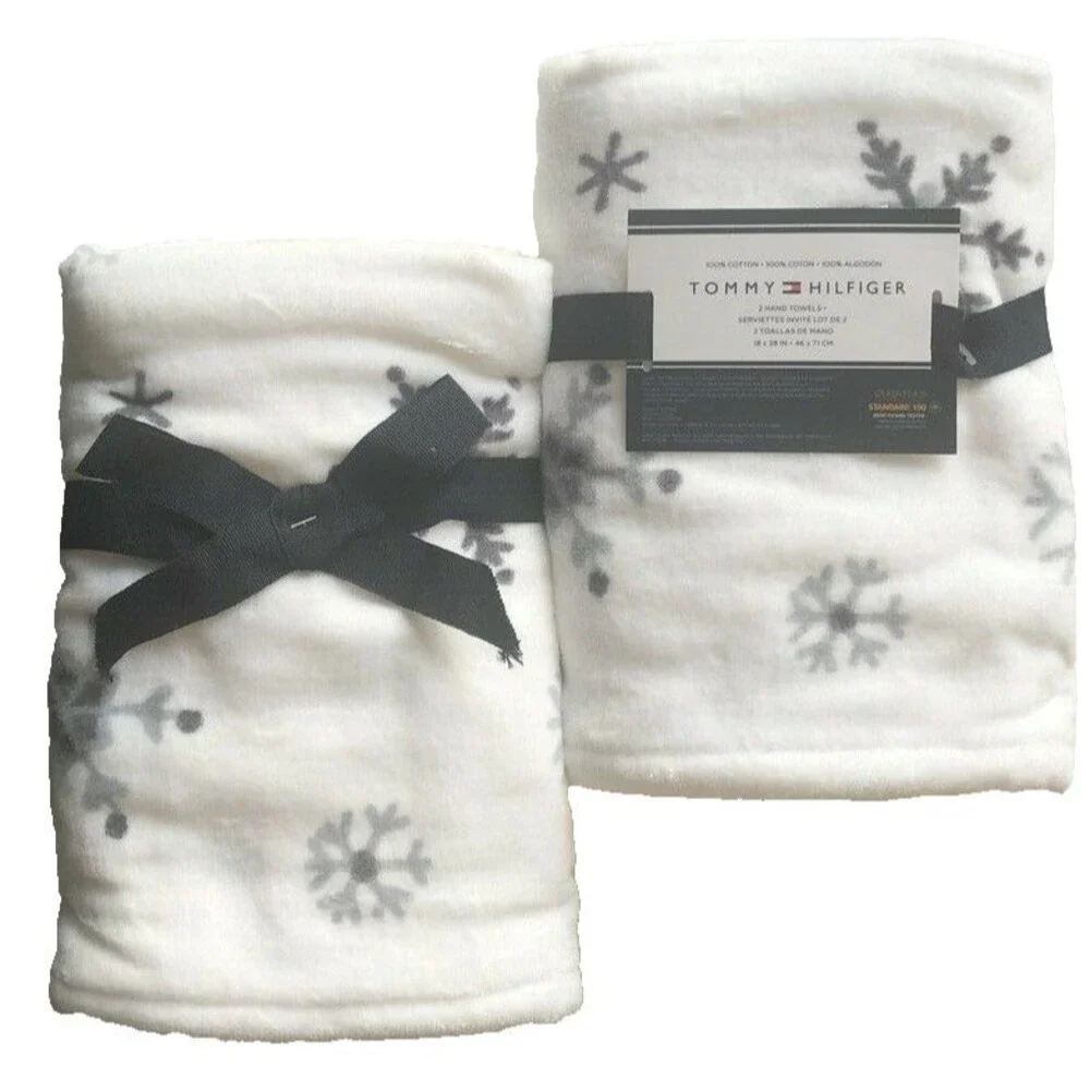 Tommy Hilfiger Christmas Hand Towels Set of 2 Bathroom Holiday White Snowflake